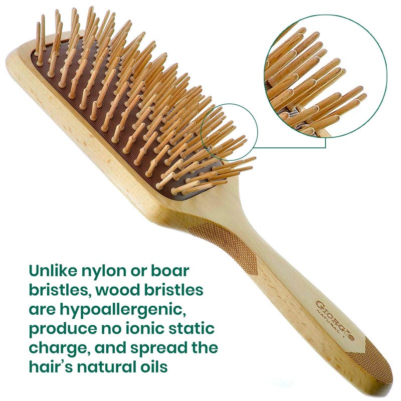 Giorgio Eco Friendly Wooden Bristle Hairbrush - Bundle Detangling Brush and Hair Growth Brush for Thick or Long Hair - Paddle Hair Brush Made with Anti Static Beechwood, Silicone Massage Cushion - Image 3